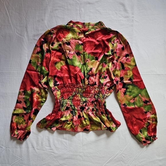 Sunny Leigh y2k wrap deep v-neck colorful feminine satin peplum blouse Size L - Picture 4 of 5